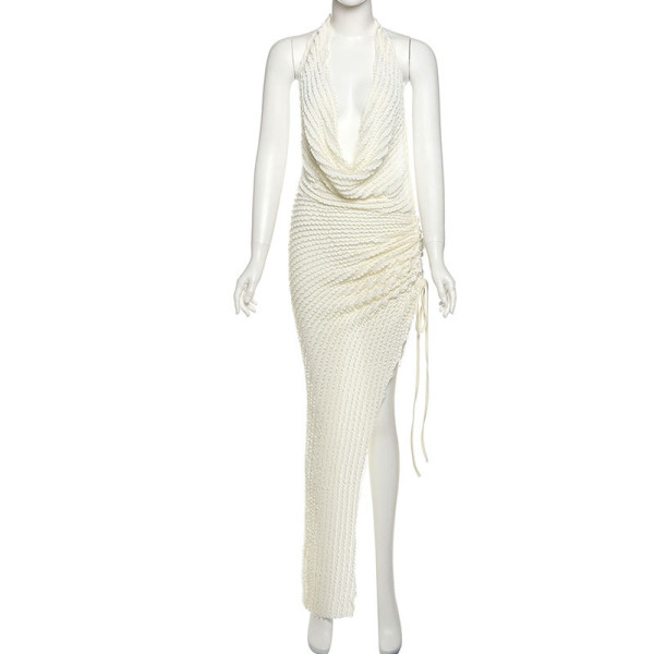 Hanging neck, exposed back, swinging collar, high waisted slit dress