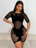 Round neck short sleeved lace hollow tight jumpsuit shorts