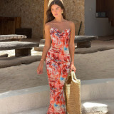 Waist cinched backless lace up long skirt hanging neck French slit dress