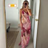 Waist cinched backless lace up long skirt hanging neck French slit dress
