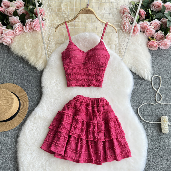 Lace camisole vest short ruffled skirt two-piece set