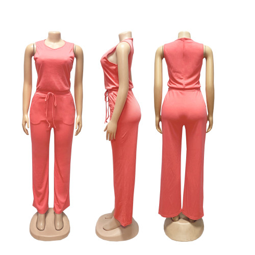 Sleeveless lace up solid color jumpsuit
