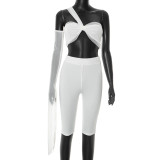Perspective mesh single sleeve twisted strapless, backless, high waisted, hip hugging set