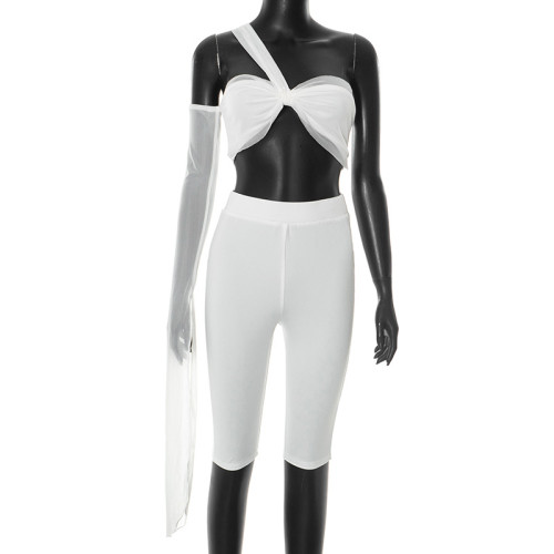 Perspective mesh single sleeve twisted strapless, backless, high waisted, hip hugging set