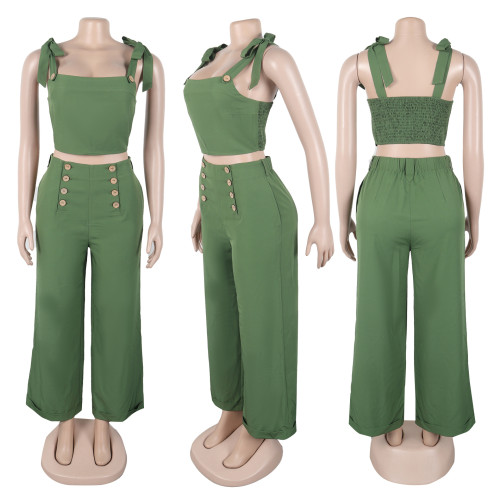 Two piece set of wide leg pants with straps and straps