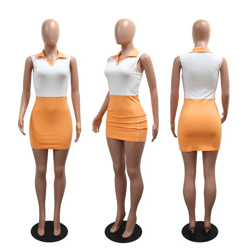 Collar sleeveless solid color patchwork dress