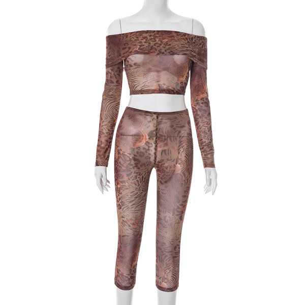Floral leopard print mesh printed one shoulder lapel cropped pants set