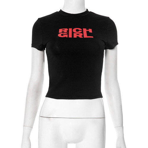 Short round neck letter printed short sleeved T-shirt top