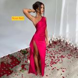 Slanted shoulder slit satin dress LYQ1268
