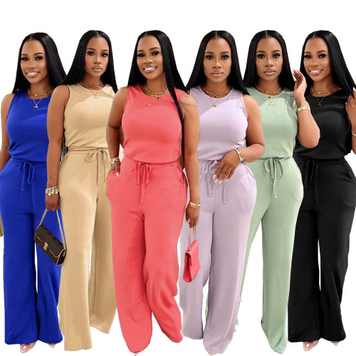 Sleeveless lace up solid color jumpsuit