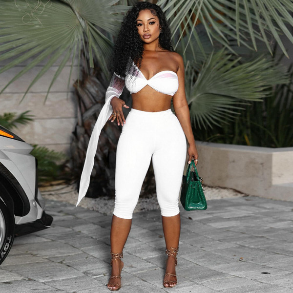 Perspective mesh single sleeve twisted strapless, backless, high waisted, hip hugging set
