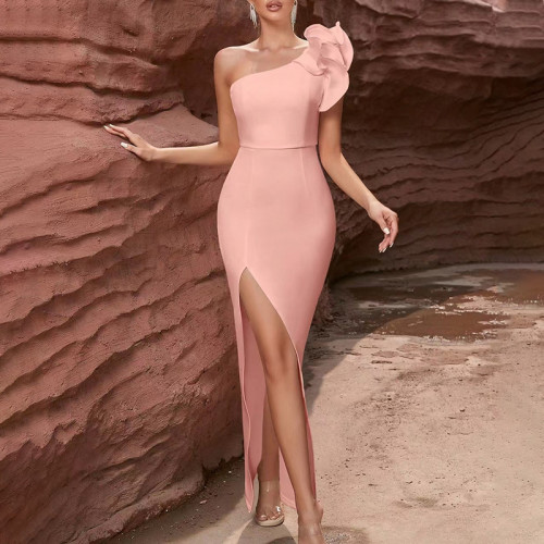 Strapless three-dimensional flower splicing high slit long dress KDR539703P