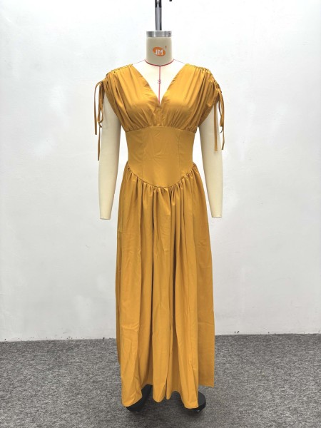 V-sleeve elastic waisted long skirt with high waist