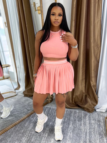 Sleeveless crop top+pleated skirt set HR25030