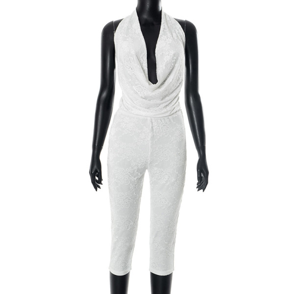 Lace collar, hanging neck, big backless, tight fitting jumpsuit, cropped pants