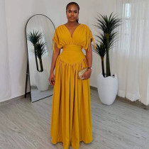 V-sleeve elastic waisted long skirt with high waist