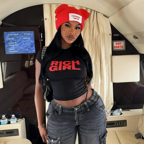 Short round neck letter printed short sleeved T-shirt top