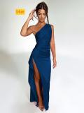 Slanted shoulder slit satin dress LYQ1268