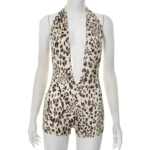 Hooded hanging neck hollowed out deep V leopard print triple hip jumpsuit