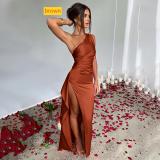 Slanted shoulder slit satin dress LYQ1268
