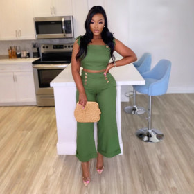 Two piece set of wide leg pants with straps and straps