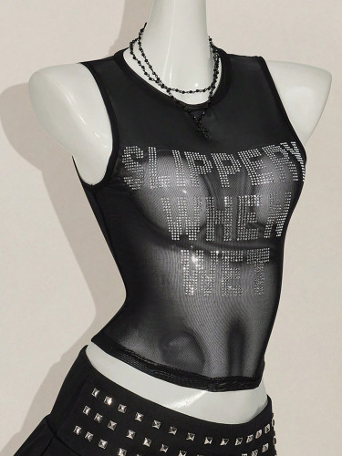 Mesh vest with lettered rhinestone round neck top