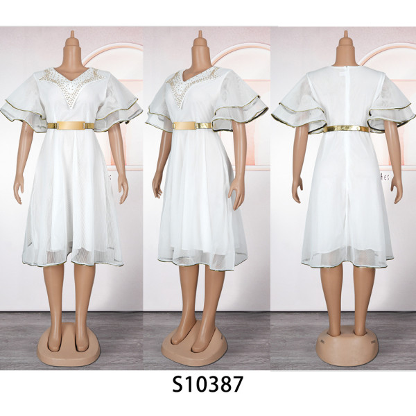 V-neck bag hip skirt bubble bead dress with belt included S10387