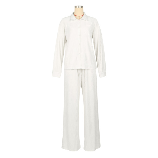 Long sleeved pleated shirt elastic waist straight leg pants set