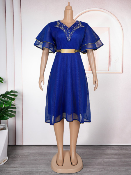 V-neck bag hip skirt bubble bead dress with belt included S10387