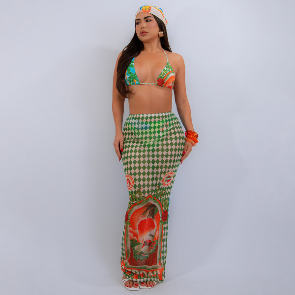 Printed bikini three piece set without headscarf