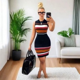 Thin shouldered sleeveless contrasting striped knitted dress