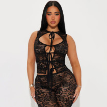 Lace hollow out tied rope sleeveless top, seven inch shorts two-piece set