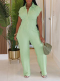 Striped collar shirt straight leg pants jumpsuit