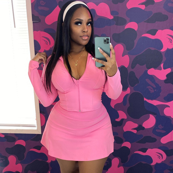 Stand collar long sleeved zipper cardigan top shorts skirt two-piece set
