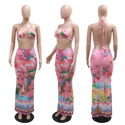 Printed bikini three piece set without headscarf