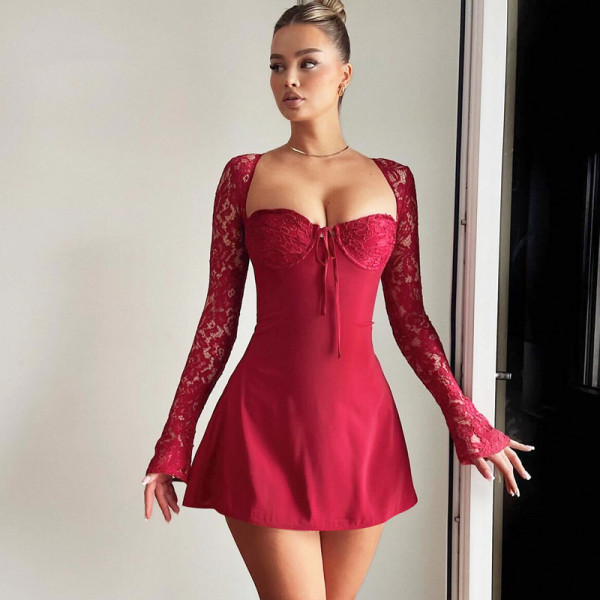 Lace long sleeved backpack hip revealing dress D4415973W