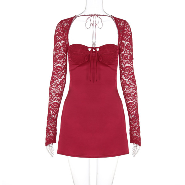 Lace long sleeved backpack hip revealing dress D4415973W