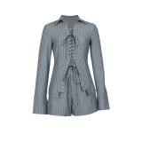 Striped collar long sleeved lace up shirt shorts two-piece set