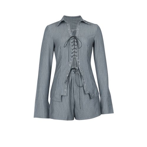 Striped collar long sleeved lace up shirt shorts two-piece set