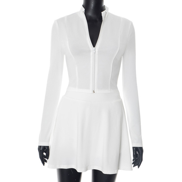 Stand collar long sleeved zipper cardigan top shorts skirt two-piece set