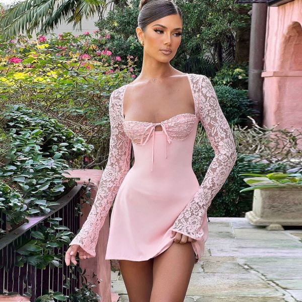 Lace long sleeved backpack hip revealing dress D4415973W
