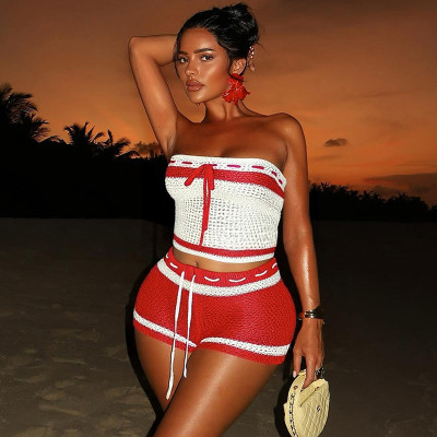 Knitted rope tie strapless top, striped shorts two-piece set
