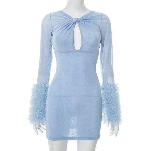 Mesh cross hollow long sleeved short skirt dress with wrapped buttocks