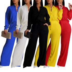 Long sleeved pleated shirt elastic waist straight leg pants set