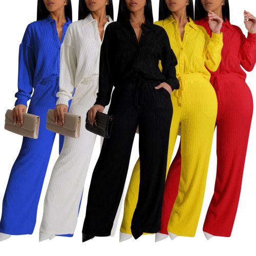 Long sleeved pleated shirt elastic waist straight leg pants set
