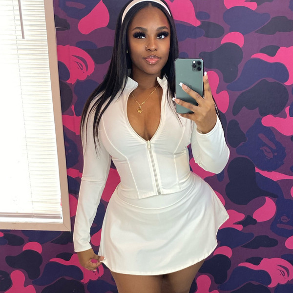 Stand collar long sleeved zipper cardigan top shorts skirt two-piece set