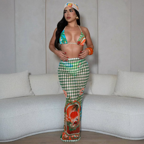 Printed bikini three piece set without headscarf