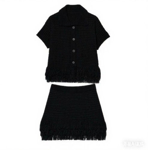 High waisted mini skirt with tassel plaid knit skirt set