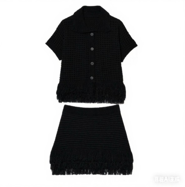 High waisted mini skirt with tassel plaid knit skirt set