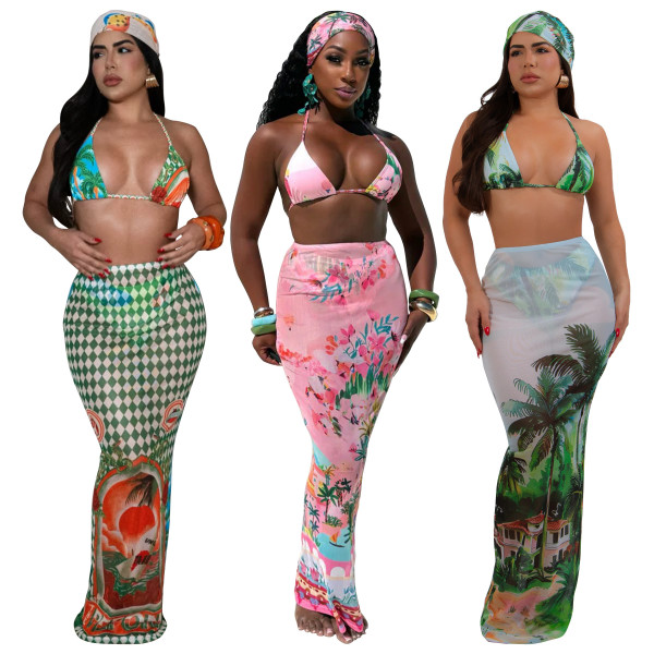 Printed bikini three piece set without headscarf
